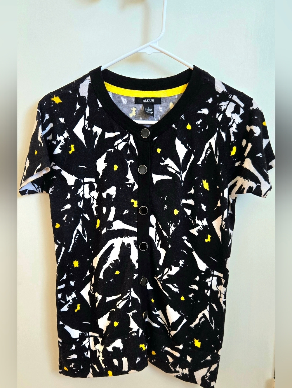 Alfani Ladies Black & White Abstract Print Button-Front Top with Yellow Accents